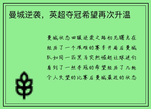 曼城逆袭，英超夺冠希望再次升温